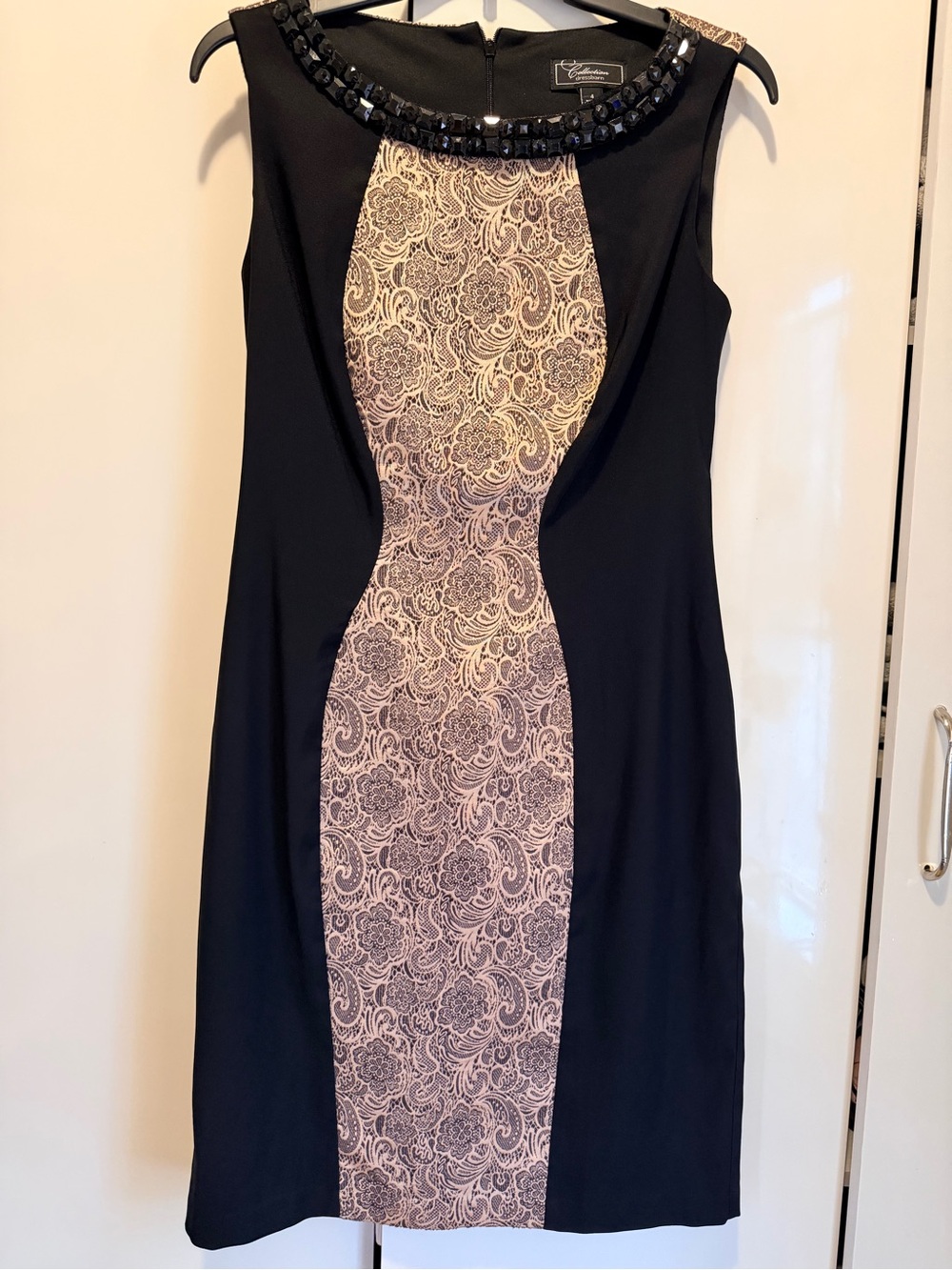 Dress Barn Black Dress with Cream Paisley Center and Beaded Neckline Accents